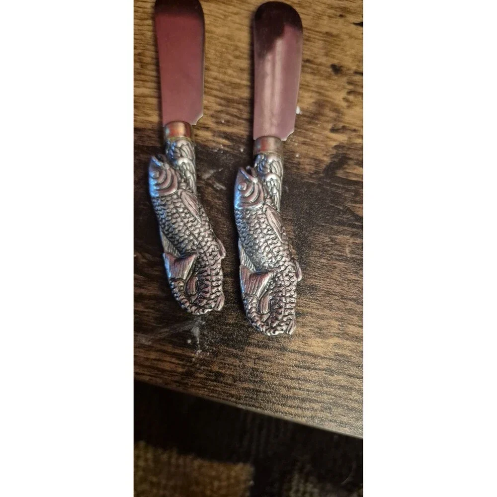 Set of 4 Stainless Cheese Spreader Knives Arthur Court Salmon Fish Handle EUC